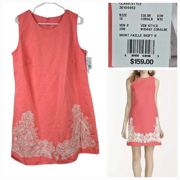 David's Bridal Short Shift Dress Lace Appliques Coral Bridesmaid Formal Prom NWT - Picture 1 of 13